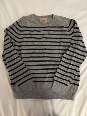 Lucky Brand Men’s Gray Crewneck Sweater with Navy Stripes